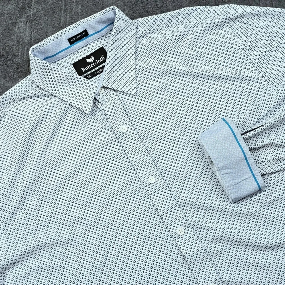 Buttercloth Button Up Shirt Mens 2XL White Blue Icy Cotton Geometric Regular Fit